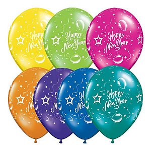 Balão de Festa Látex Liso Decorado - New Year Sortido - 11" 27cm - 50 unidades - Qualatex Outlet - Rizzo