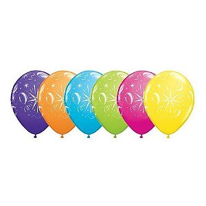 Balão de Festa Látex Liso Decorado - Balões e Brilho Sortido - 11" 27cm - 50 unidades - Qualatex Outlet - Rizzo