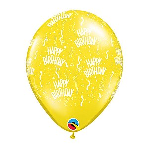 Balão de Festa Látex Liso Decorado - Happy Birthday Amarelo - 11" 27cm - 50 unidades - Qualatex Outlet - Rizzo