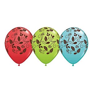 Balão de Festa Látex Liso Decorado - Folhagem do Bosque Sortidos - 11" 27cm - 50 unidades - Qualatex Outlet - Rizzo