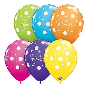 Balão de Festa Látex Liso Decorado - Parabéns! Sortidos - 11" 27cm - 6 unidades - Qualatex Outlet - Rizzo