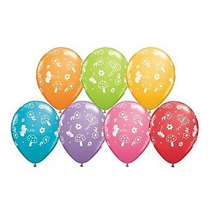 Balão de Festa Látex Liso Decorado - Jardim e Borboletas Sortidos - 11" 27cm - 50 unidades - Qualatex Outlet - Rizzo