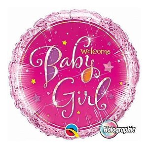 Balão de Festa Microfoil 18" 45cm - Redondo Welcome Baby Girl! Estrelas Rosa - 1 unidade - Qualatex Outlet - Rizzo