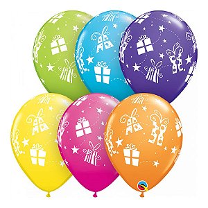 Balão de Festa Látex Liso Decorado - Presentes e Estrelas Sortidos - 11" 27cm - 50 unidades - Qualatex Outlet - Rizzo