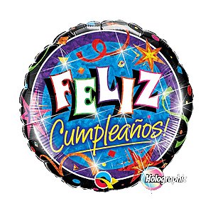 Balão de Festa Microfoil 18" 45cm - Redondo Holográfico Feliz Cumpleaños!  - 1 unidade - Qualatex Outlet - Rizzo