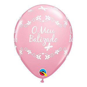 Balão de Festa Látex Liso Decorado - O Meu Batizado! Borboleta Rosa - 11" 27cm - 6 unidades - Qualatex Outlet - Rizzo