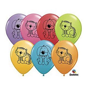 Balão de Festa Látex Liso Decorado - Gatinho e Cachorrinho Sortidos - 11" 27cm - 50 unidades - Qualatex Outlet - Rizzo
