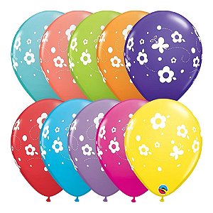 Balão de Festa Látex Liso Decorado - Margaridas e Borboletas Sortidos - 11" 27cm - 1 unidade - Qualatex Outlet - Rizzo