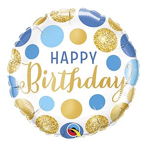 Balão de Festa Microfoil 4" 10cm - Redondo Happy Birthday! Bolinhas Azul - 1 unidade - Qualatex Outlet - Rizzo