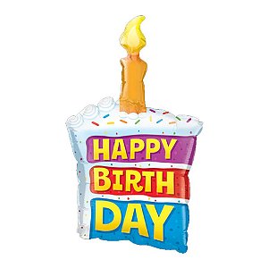 Balão de Festa Microfoil 14" 35cm - Fatia de Bolo Happy Birthday - 1 unidade - Qualatex Outlet - Rizzo