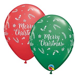 Balão de Festa Látex Liso Decorado - Merry Christmas! Vermelho/Verde - 11" 27cm - 50 unidades - Qualatex Outlet - Rizzo