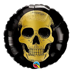 Balão de Festa Microfoil 9" 22cm - Redondo Crânio Dourado - 1 unidade - Qualatex Outlet - Rizzo