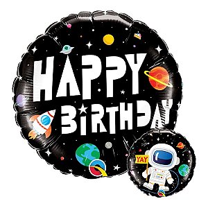 Balão de Festa Microfoil 18" 45cm - Redondo Happy Birthday! Astronauta - 1 unidade - Qualatex Outlet - Rizzo