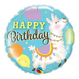Balão de Festa Microfoil 18" 45cm - Redondo Happy Birthday! Lhama - 1 unidade - Qualatex Outlet - Rizzo