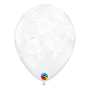 Balão de Festa Látex Liso Decorado - Rosas em Flor Transparente - 11" 27cm - 50 unidades - Qualatex Outlet - Rizzo