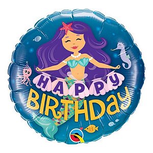 Balão de Festa Microfoil 18" 45cm - Redondo Happy Birthday! Sereia - 1 unidade - Qualatex Outlet - Rizzo