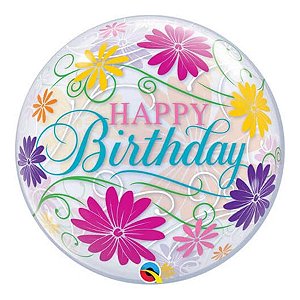 Balão de Festa Bubble 22" 55cm - Happy Birthday! Flores e Filigrana - 1 unidade - Qualatex Outlet - Rizzo