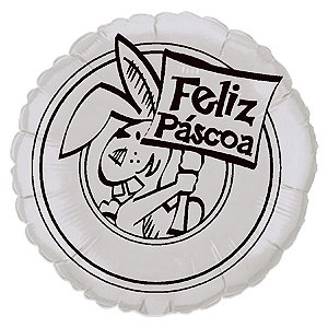 Balão de Festa Metalizado 20'' 50cm  - Feliz Páscoa Branco e Marrom  - 1 unidade - Rizzo