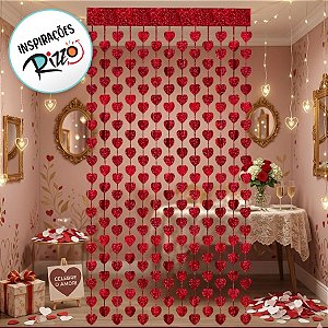 Cortina Decorativa Painel Mágico - Corações Vermelho Metalizado Glitter - 1x2m - 1 unidade - Rizzo