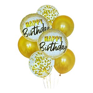 Kit Buquê Balões Happy Birthday Dourado - Buquê com 7 Balões  - 1 unidade - Rizzo