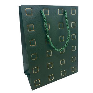 Sacola de Papel para Presente Quadrados Almofadados - Verde - 32x26x12cm - 1 unidade - Rizzo