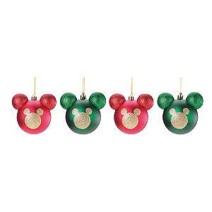 Bola de Natal Mickey Glitter Dourado - Verde/Vermelho - 8cm - 4 unidades - Cromus - Rizzo