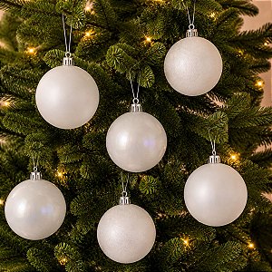 Bola de Natal em Tubo - Liso/Glitter/Nacarado Branco - 10cm - 6 unidades - Cromus - Rizzo