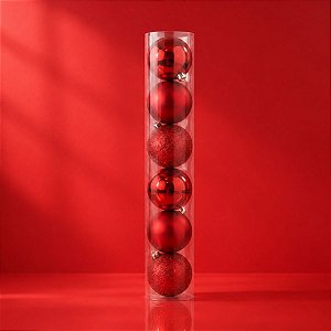 Bola de Natal em Tubo - Brilho, Fosco e Glitter - Vermelho - 7cm - 6 unidades - Cromus - Rizzo