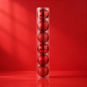 Bola de Natal em Tubo - Brilho, Fosco e Glitter - Vermelho - 8cm  - 6 unidades - Cromus - Rizzo