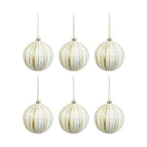 Bola de Natal Paete com Listras - Branco/Ouro Glitter - 8cm  - 6 unidades - Cromus - Rizzo