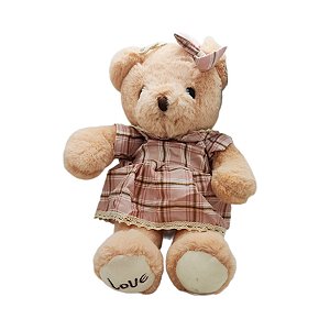 Urso de Pelúcia com Vestido Xadrez - Rosa - 37cm - 1 unidade - Rizzo