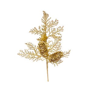 Galho com Folhas e Pinhas - Ouro - 25cm - 1 unidade - Cromus - Rizzo