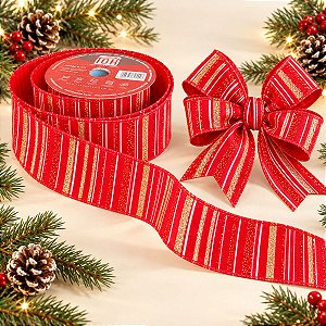 Fita Decorativa - Vermelha com Listras de Glitter - 6x914cm - 1 unidade - Rizzo