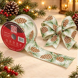 Fita Decorativa - de Natal Pinhas e Folhas - 6x914cm - 1 unidade - Rizzo