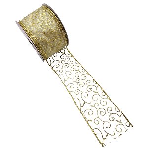 Fita Decorativa - Tule com Arabescos Dourados - 6x914cm - 1 unidade - Rizzo
