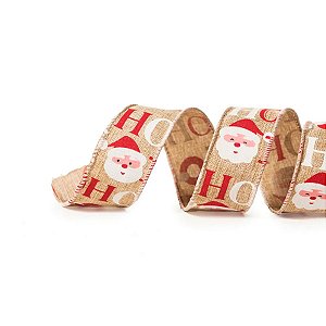Fita Aramada Veludo - HoHoHo - Natural e Vermelho - 6,3cm x 9,14m  - 1 unidade - Cromus - Rizzo