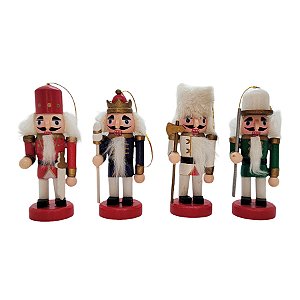 Conjunto Boneco Soldado Quebra Nozes de Madeira - 9cm - Azul, Branco, Verde e Vermelho - 4 unidades - Rizzo