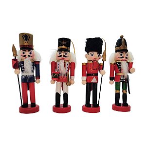 Conjunto Boneco Soldado Quebra Nozes de Madeira - 12cm - Azul e Vermelho - 4 unidades - Rizzo