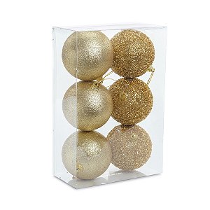 Bolas de Natal Glitter - Ouro - 8cm  - 6 unidades - Cromus - Rizzo
