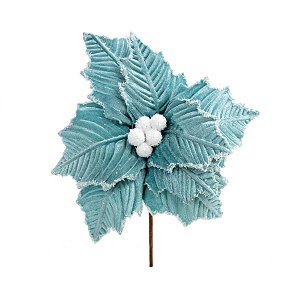 Poinsétia Decorativa - Veludo Azul Nevada - 26cm - 1 unidade - Cromus - Rizzo