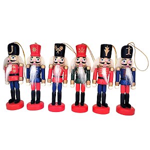 Kit Boneco Soldado Quebra Nozes de Madeira - 10cm - Chapéu Preto e Vermelho - 6 unidades - Rizzo - Rizzo