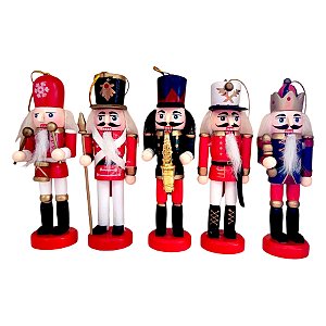 Kit Boneco Soldado Quebra Nozes de Madeira - 13cm - Cabelo Branco e Preto - 5 unidades - Rizzo - Rizzo