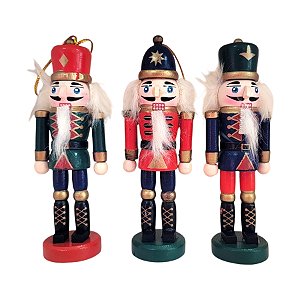 Kit Boneco Soldado Quebra Nozes de Madeira - 13,5cm - Azul, Vermelho e Verde - 3 unidades - Rizzo - Rizzo