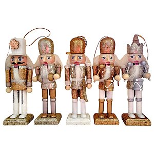 Kit Boneco Soldado Quebra Nozes de Madeira Com Espada - 13cm - Branco e Dourado com Glitter - 5 unidades - Rizzo - Rizzo