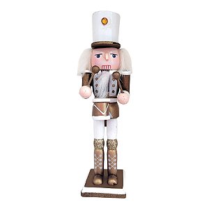 Boneco Soldado Quebra Nozes de Madeira Com Tambor - 18,5cm - Branco e Dourado - 1 unidade - Rizzo - Rizzo