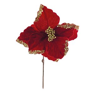 Poinsétia Decorativa -  Vermelho com Glitter Dourado - 30cm - 1 unidade - Cromus - Rizzo