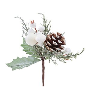 Pick Decorativo de Natal - Galho com Folhas, Pinha e Frutas Brancas - 22cm - 1 unidade - Cromus - Rizzo