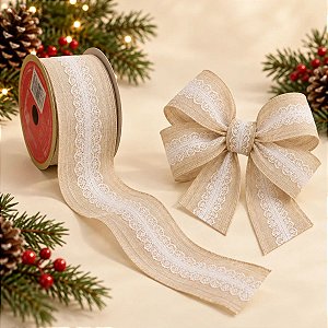 Fita Aramada Decorativa De Natal - Bege Com Renda - 6,3cmx9,14m - 1 unidade - Cromus - Rizzo