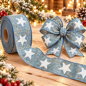 Fita Decorativa Aramada Jeans com Estrela Branca - 6,3cm x 91,4m - 1 unidade - Rizzo