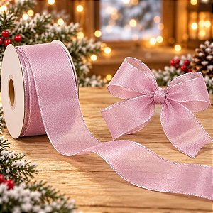 Fita Decorativa Aramada Rosa Claro Cintilante - 6,3cm x 9,14m - 1 unidade - Rizzo